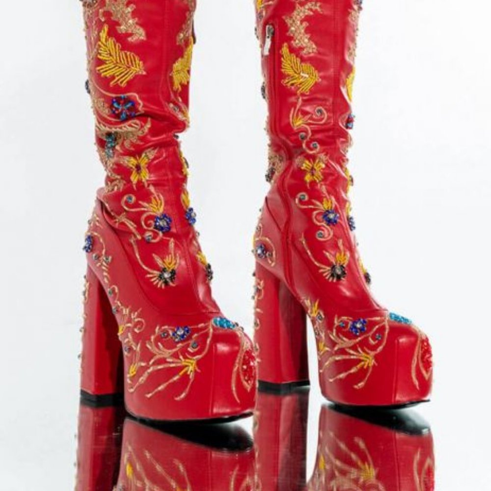 AZALEA WANG ALL ABOUT THE FLASHY HAND BEADED CHUNKY BOOT IN RED( BRAND NEW!!!!! - Picture 4 of 9